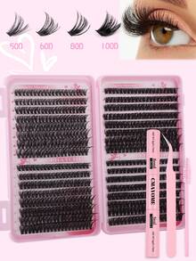 640片独立睫毛簇，D卷度10D+20D+30D+40D+50D+60D+80D+100D，10-16毫米混合DIY睫毛簇，自然纤长、浓密持久，DIY睫毛嫁接套装，含胶水、封口剂和镊子，适合初学者在家或外出使用，适用于日常生活、派对和音乐节等场合。睫毛簇套装，睫毛，假睫毛，假睫毛