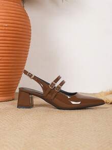 2026 Nuevos zapatos de mujer de punta marrón, tacones altos tipo Mary Jane con correa, sandalias de fiesta de tacón grueso de punta abierta y sin talón para damas - Marrón - Ver 6