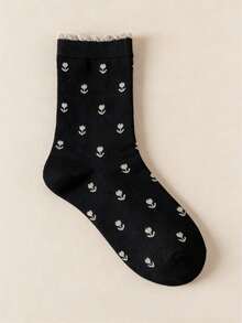 1/3/5 Pairs Women's Mid-Calf Socks With Tulip Lace Pattern, Soft Breathable Comfortable Socks, Versatile Daily Wear, Cute & Fashionable College Style - Multicolor - View 7