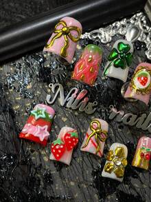 10pcs Handmade Full Coverage Short Duck-Shaped Fake Nails, Colors Include Red, Pink And Gold, Cute Strawberry And 3D Bow Pattern, Sweet Summer Style Women's Fake Nails, Suitable For Party, Daily Wear, Students, Comes With Glue And Nail File - Multicolor - View 6