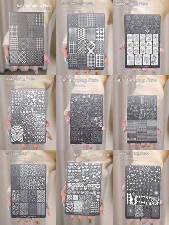XEIJAYI 1 Tablero de impresión de arte de uñas, 30 patrones, plantillas de arte de uñas a cuadros y geométricas, tablero de impresión de metal, adecuado para artistas de uñas profesionales, herramienta de diseño de arte de uñas DIY