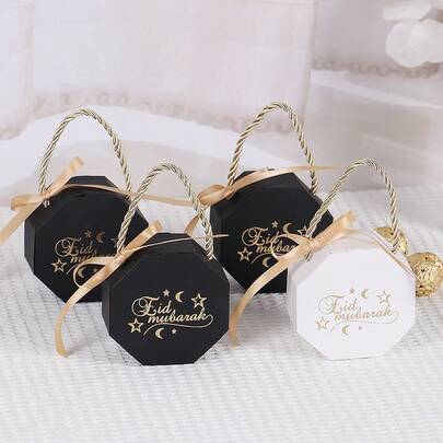 10 Stücke Eid Mubarak bedruckte achteckige Geschenkbox mit gedrehtem Seilgriff & goldener Schleifendekoration, Ramadan Eid Al-Fitr Geschenkverpackungsbox für Geschenke in den VAE, Saudi-Arabien, Katar Festivalfeier