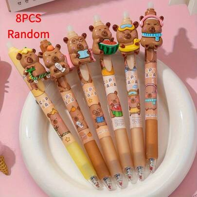 8 Pcs Brown & Multi-Color Capybara Cartoon Topper Erasable Gel Pen, Cute & Playful Style Pen For Kids School Supplies, Daily Note-Taking & Office Stationery