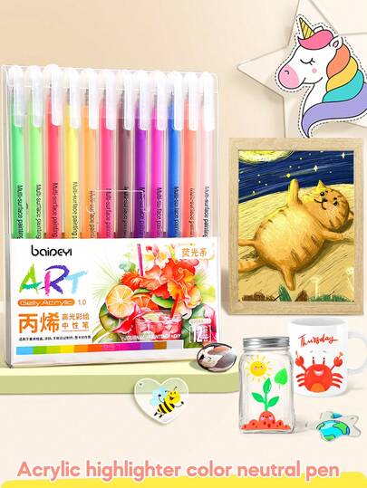 12Color Fluorescent/Morandi/Fresh Style Acrylic Highlighter Pens, Large Capacity Smooth Ink, Multi-Surface Art Graffiti Journaling Neutral Pens For Handmade & Stationery Lovers