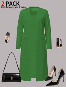 2pcs Women's Solid Color Elegant Loose Cardigan Dress Set, Including Sleeveless A-Line Dress And Cardigan Jacket, Comfortable & Skin-Friendly, Fashionable For Spring, Autumn & Winter Daily Wear, Minimalist Style, Cardigan Collar, Fitted - Green 19 - View 4