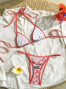 Sexy Backless Tie-Up Bikini Set, Includes Elegant Thong Swimsuit, Made Of Medium Stretch Fabric Vacation - Hot Pink - View 2