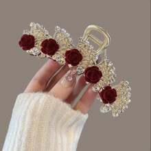 1pc Chinese Style Red Rose Rhinestone Tassel Hair Clip, Elegant Hair Claw Hairpin For Women, Suitable For Daily Wear, Party, Wedding, Banquet, Bridal Qipao And Banquet Dress Women Claw Clips Fashion Hair Accessories Elegant Hair Clutch Casual Hair Jaw Clip Flower Hair Clip - Multicolor - View 3