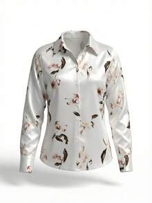 1 件花卉印花纽扣长袖衬衫，适合约会、节日、生日、聚会、旅行、春季/秋季 - 白色 - 查看 3