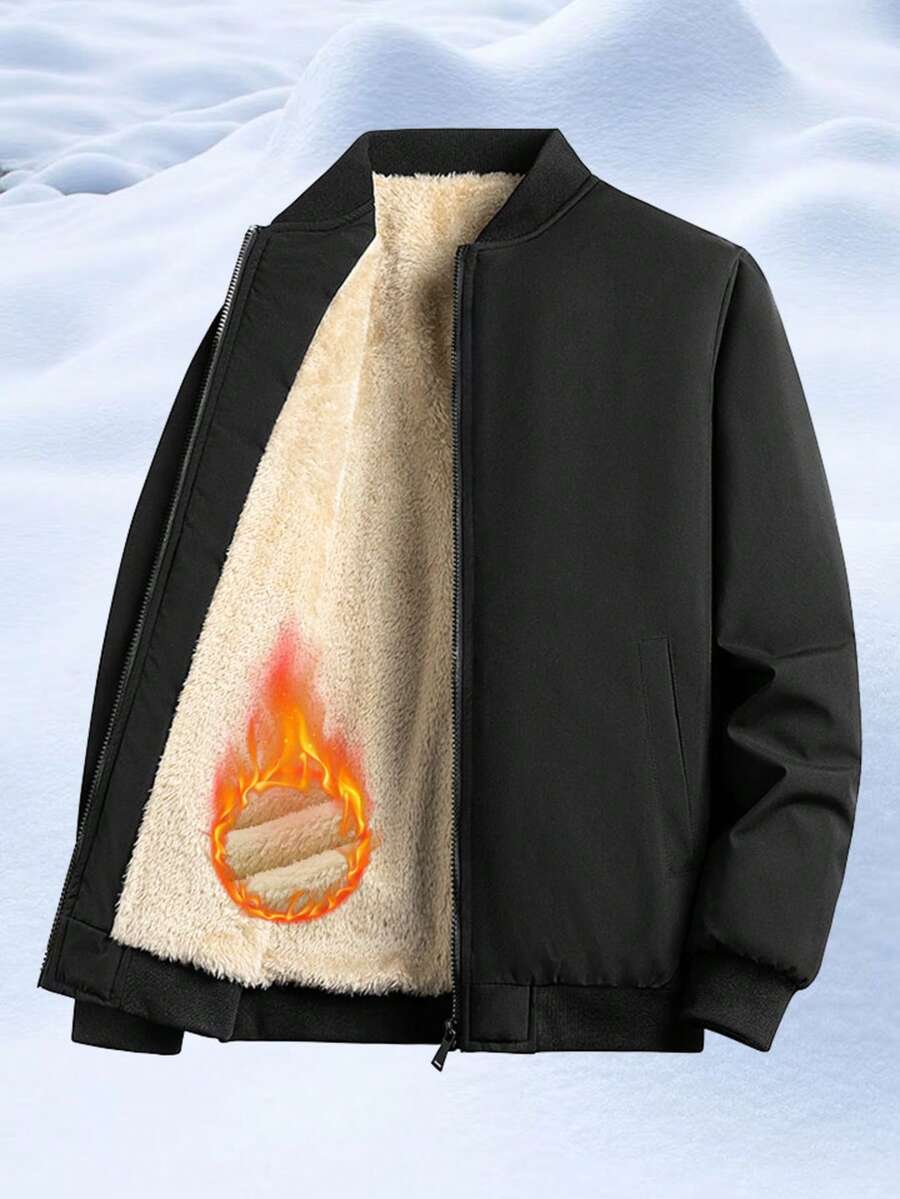 Men's Zip-Up Hooded Jacket, Suitable For Autumn/Winter Outdoor Wear, Black Warm Long Sleeve Zip-Up Jacket, Casual Flannel Jacket, Suitable As A Gift For Friends, Husbands, Boyfriends - Black - View 1