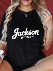 Women's T-Shirts With Round Neck And Short Sleeves Have Interesting Printed Patterns. Jackson Guitars Logo Black T Shirt Women Casual Short Sleeve Top Fashion Graphic Tee Music Band ApparelSuitable For Christmas Partysports Activitiesholiday Partiesoutingssports And Other Holiday Gifts (220g). - 黑色 - 查看 1