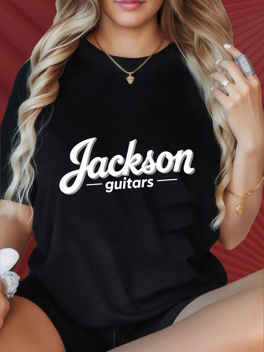 Women's T-Shirts With Round Neck And Short Sleeves Have Interesting Printed Patterns. Jackson Guitars Logo Black T Shirt Women Casual Short Sleeve Top Fashion Graphic Tee Music Band ApparelSuitable For Christmas Partysports Activitiesholiday Partiesoutingssports And Other Holiday Gifts (220g). - 黑色 - 查看 1