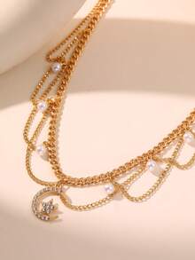 1件时尚星月水钻吊坠项链，配金色流苏链，适合日常、约会、派对等场合。 - 彩色 - 查看 15