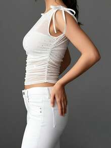 Women's Summer Solid Color Mesh Tank Tops Sleeveless Round Neck Rhinestone Crop Tops With Tube Tops For Parties - White - View 4