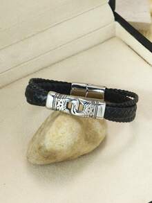 Unisex Stainless Steel & Leather Bracelet, Braided Rope Design Bracelet For Women, Totem Personalized Wristband, Suitable As Valentine's Day Gift For Girlfriend Or Best Friend