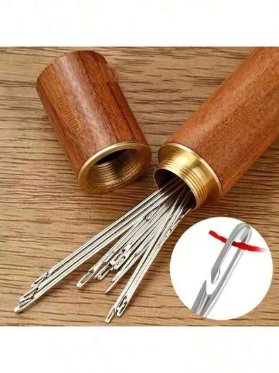 30Counts Self Threading Needles With Wooden Needle Case,Easy To Thread The Needle,Multi-Purpose Household Hand Sewing Needle,Sewing Supplies For Home Use For DIY Embroidery Mending Sewing Projects