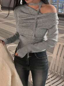 秋季新款法式复古露肩长袖T恤，百搭女式上衣 - 灰色 - 查看 3