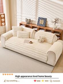 1pc Thick Warm Solid Color Rabbit Fur Sofa Cushion, Style Pet-Friendly Anti-Dirty Anti-Slip Sofa Cover, Autumn/Winter Anti-Scratch Sofa Protector Suitable For L-Shaped Combination Sofa And 1/2/3/4 Seat Sofa (Single Piece ) - Beige - View 4