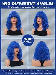 AKAKO 女士短款波浪深蓝色假发，12英寸卷曲波波头假发，带齐刘海，全机织柔软耐热合成纤维，色彩缤纷的动漫角色扮演假发，适合日常佩戴、节日、音乐节、角色扮演派对等场合，打造前卫的Y2K和哥特街头风格。 - 藍色 - 查看 5