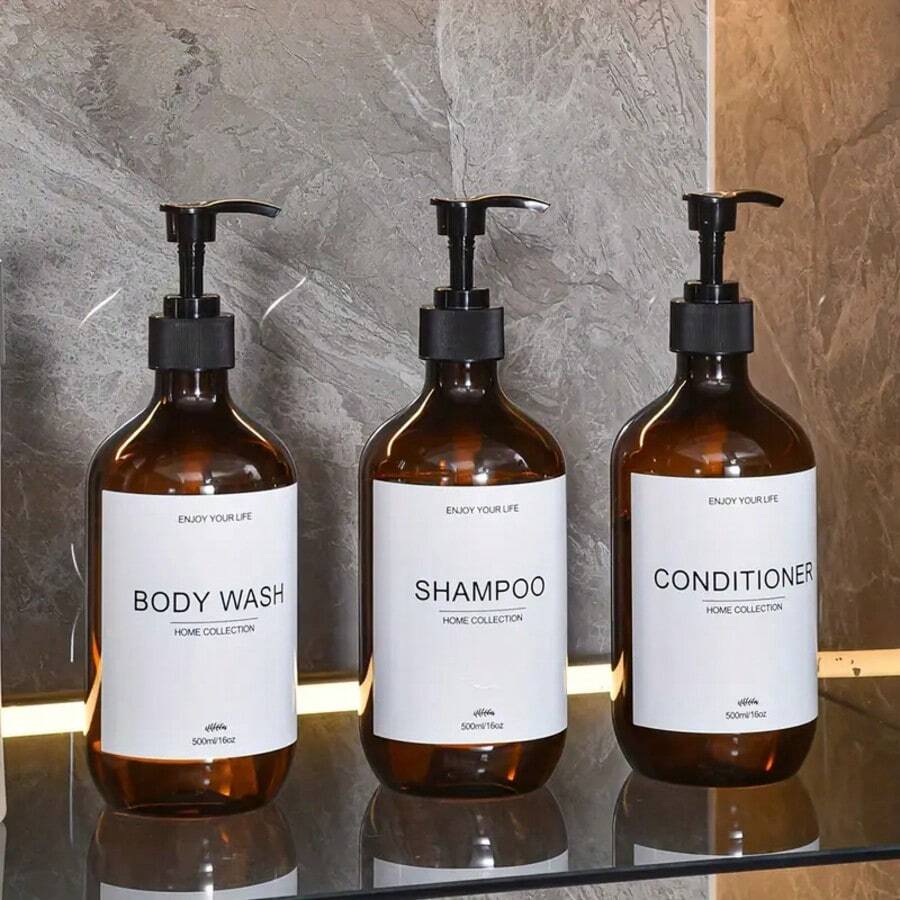 3pcs 500ml Refillable Amber Shampoo Shower Gel Empty Bottles With Pump Dishwashing Liquid Conditioner Body Wash Dispenser Set For Hotel Bathroom Storage Accessories,Includes Waterproof Label,Housewarming Gift