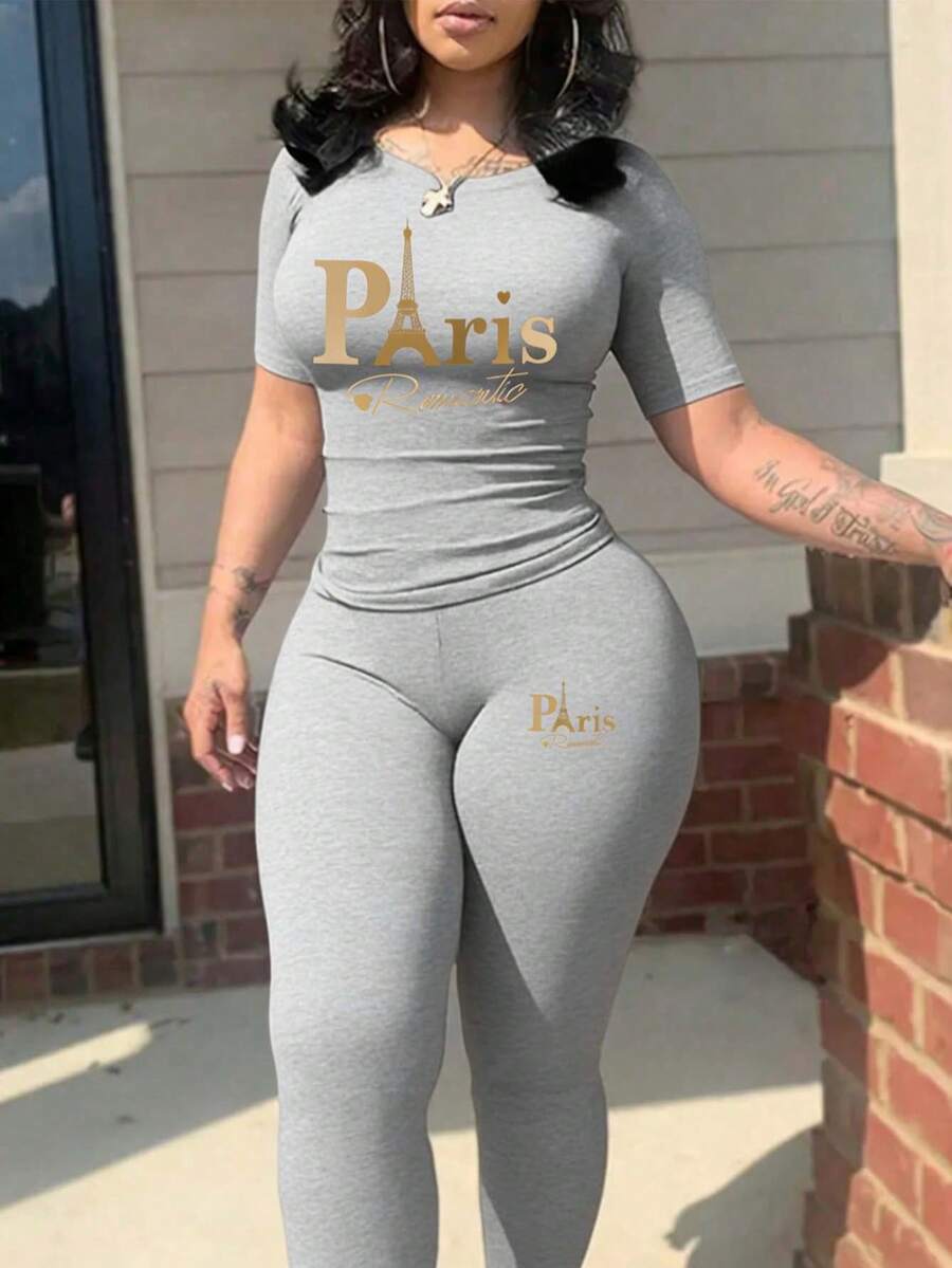 Bộ 2 món gồm áo thun ngắn tay cổ tròn in họa tiết Paris và quần skinny, thích hợp cho nữ mùa hè. - Xám - Xem 1