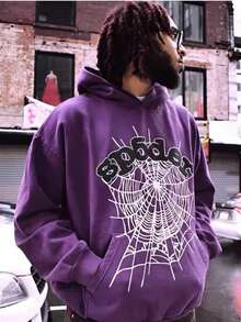 Winter Outfits Men's Hip Hop Oversized Spider Hoodie Web Pattern Graphic Alphabet Print Harajuku Vintage Hoodie Long Sleeve Street Wear Top For Both Men And Women Big Size Hoodies Women's Sweatshirt Y2k Clothing Pullover - 紫色 - 查看 2