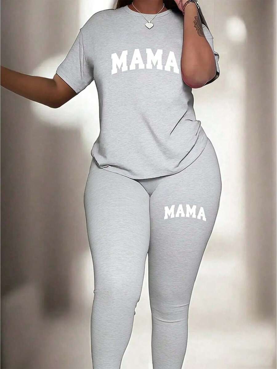 MAMA 休閒春夏兩件套,圓領短袖T恤與長褲套裝,女款優雅 - 灰色 - 查看 1
