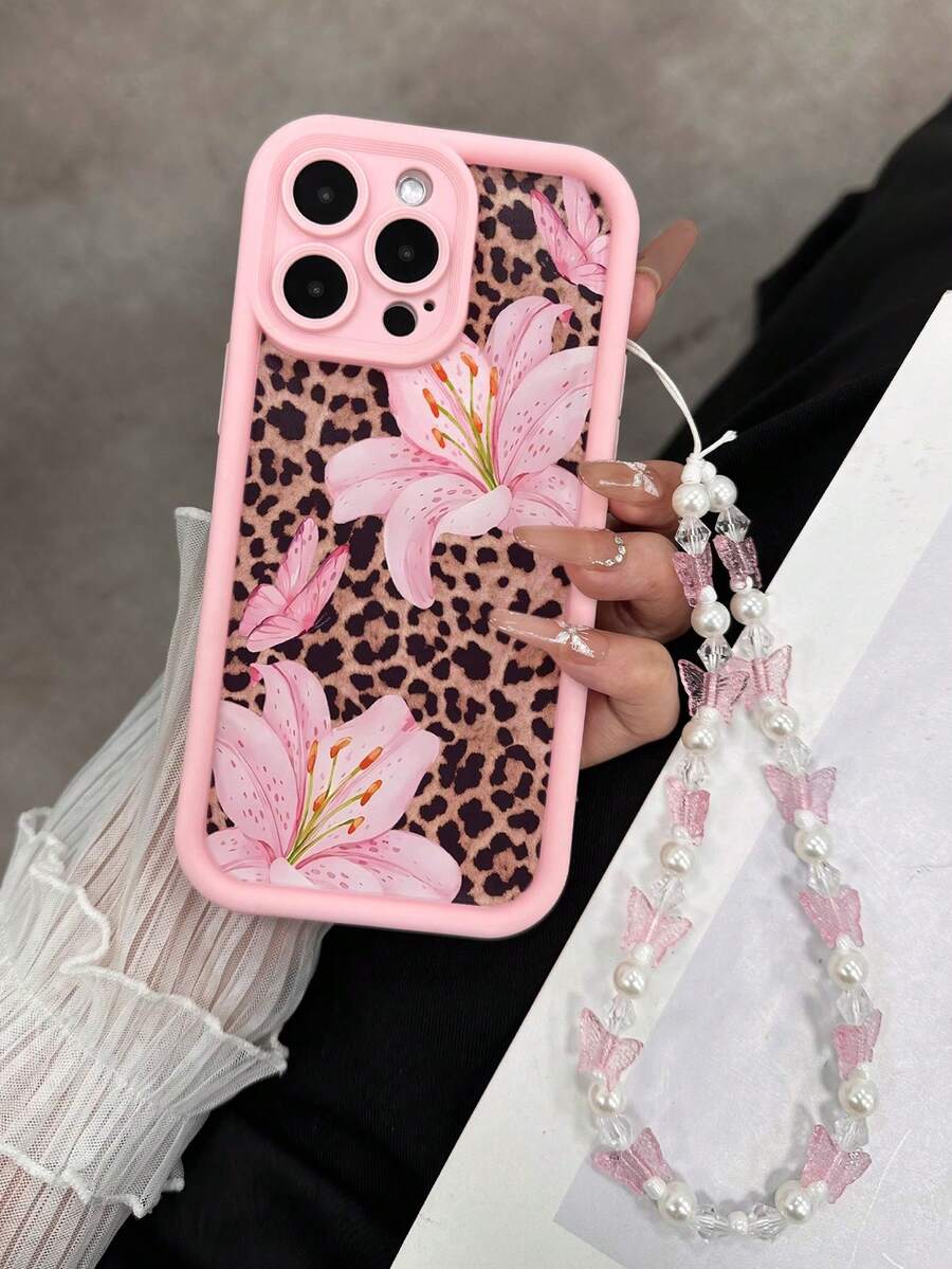 Leopard Lily Floral Painted Grooved Pink Strap Thickened Precision Hole Simple Anti-Drop Thick Phone Protective Case, Compatible With Iphone 17/17 Pro Max/ 16/16 Pro/16 Pro Max/ 16 Plus, 15 XR/7/8, 15 Pro Max, 12 Pro Max, 13 Pro Max, 14 Pro Max, 13, 14, 11, 12, P14, P11, Soft Shell P12, Anti-Drop XS.XR/78P.78GES2, Redmi, - Multicolor - View 1