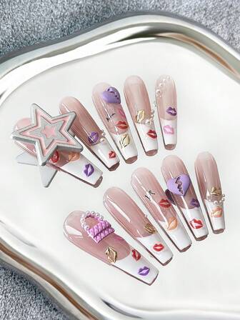 45mm Extra-Long Coffin Nails French Style Handmade Press-On Nails With Star & Pearl Charms, Lock Accents & Magnetic Cat-Eye Kiss Prints, Valentine & Y2K Fusion Bold Color Blocking 3D Designs - Full Cover Artificial DIY Glitter False Nails For Valentine Dates, Parties, Special Occasions & Edgy Fashion - 10pcs/Bag