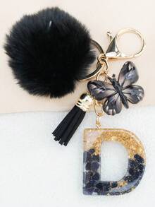 2026 New Style Black Pom Pom Keychain Ornament Perfect Gift For Women & Girls - A-Z Letter Resin Pendant Fashion Bag Car Key Ring Hange Bag Charm Purse Charm Keyring Y2K - Black - View 32
