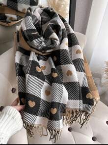 1pc Autumn/Winter New Plaid Heart Pattern Faux Cashmere Scarf, Versatile Warm Tassel Shawl For Women - Multicolor - View 2