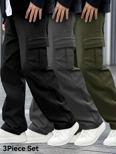 三条男士工装裤，同款不同颜色，宽松版型，抽绳松紧腰带，多口袋，纯色，休闲户外运动日常穿着，春季款