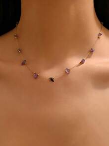 1件天然宝石不锈钢项链，紫色宝石链项链，时尚简约的女士颈链，适合日常佩戴、派对、约会和度假。 - 金色 - 查看 3