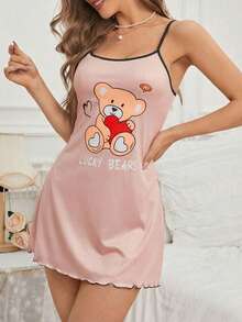 Women's Cartoon Letter Print Casual Everyday Sleepwear Slip Dress - Champagne - View 3