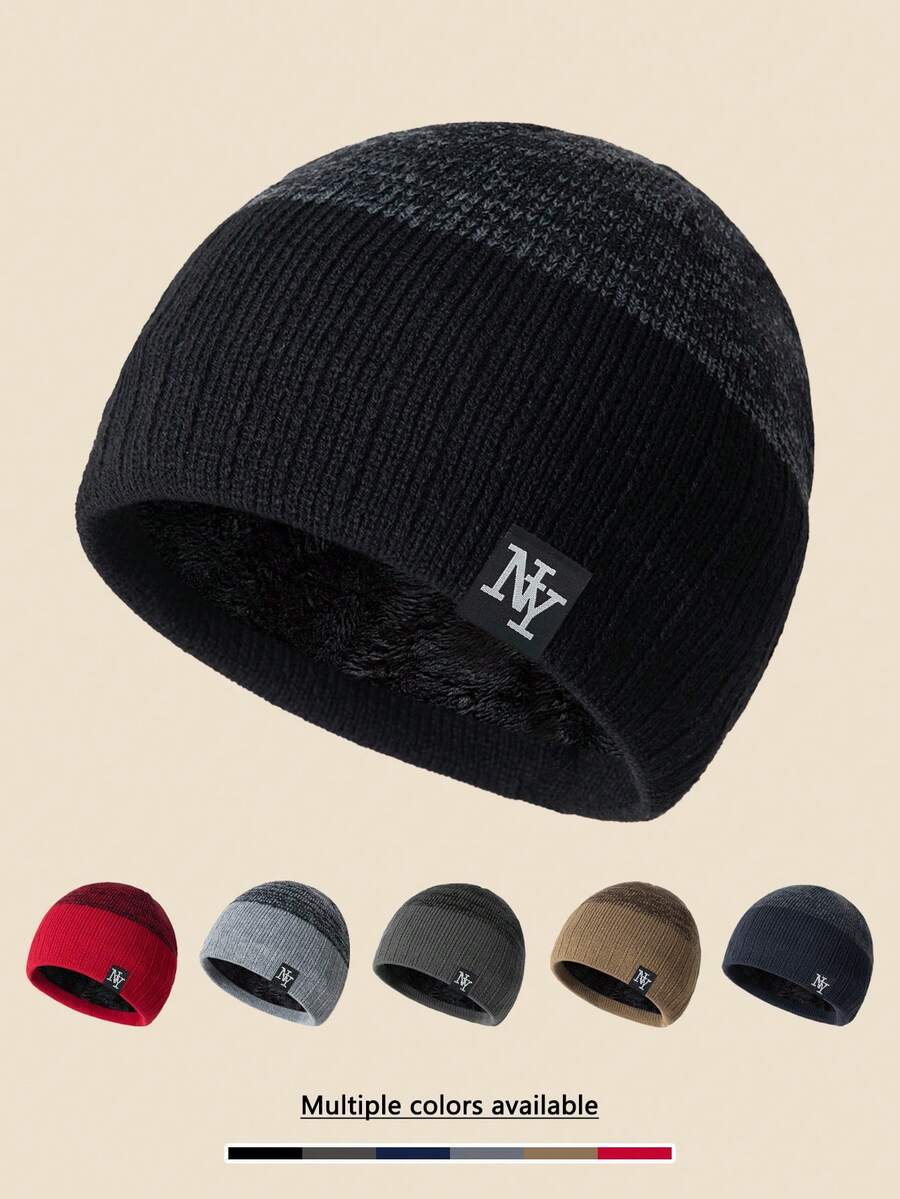 1pc Unisex Layered NY Logo Knit Beanie Hat, Soft Warm Thick Lining, Minimalist Style Suitable For Cold Weather