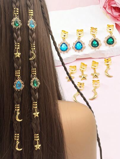 10件套合金星月搭配镂空镶嵌水钻发饰吊坠，DIY发珠编织发夹装饰
