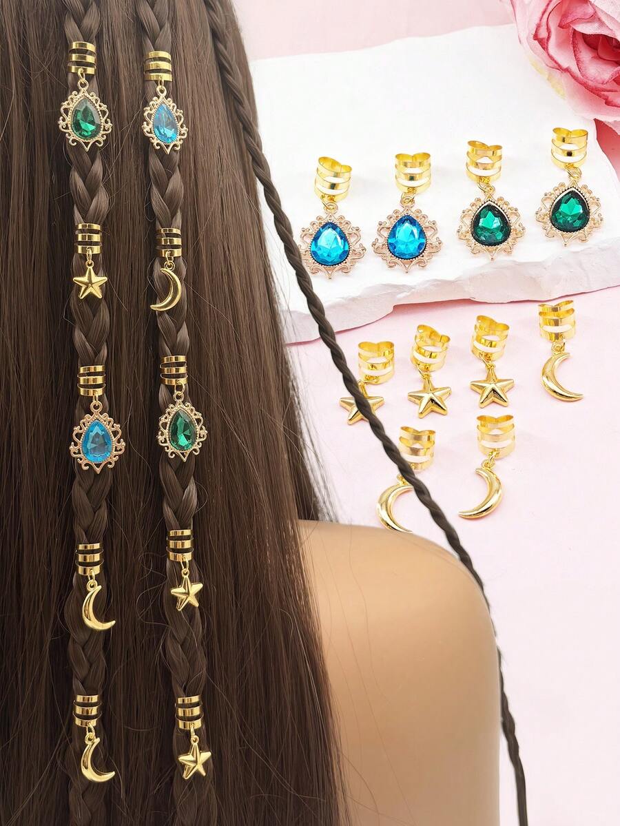10件套合金星月搭配镂空镶嵌水钻发饰吊坠，DIY发珠编织发夹装饰 - 金色 - 查看 1