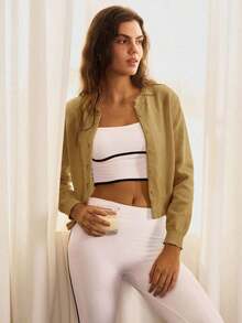 BASICS Plus Size Casual Solid Color Round Neck Long Sleeve Oversized Cropped Cardigan Sweater For Women,Tops For School In Fall/Winter - Màu Khaki - Xem 7