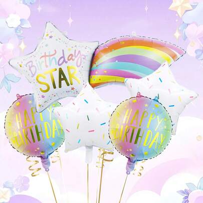 5pcs Rainbow Theme Birthday Balloon Set, Includes Birthday Comet Balloon, Colorful Streamer Balloons, Ombre Birthday Balloons, Suitable For Birthday, Theme Parties, Macaron Birthday Party, Cute Balloon Decor