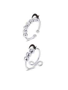 2枚女士抗焦虑表圈戒指，带旋转开口，可调节指环尺寸 - 不锈钢 - 可自由旋转 - 情人节 - 銀色 - 查看 1