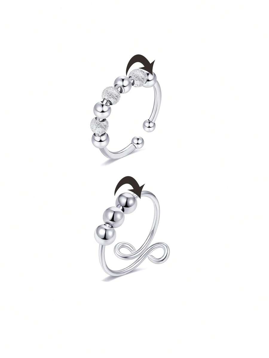 2枚女士抗焦虑表圈戒指，带旋转开口，可调节指环尺寸 - 不锈钢 - 可自由旋转 - 情人节 - 銀色 - 查看 1