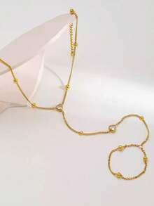 1pc Heart Pendant Gold Finger Chain Bracelet, Inlaid With Shiny Cubic Zirconia, Elegant Beaded Bracelet, Waterproof Accessory, Suitable For Women's Daily Wear Or As A Gift - Gold - View 3