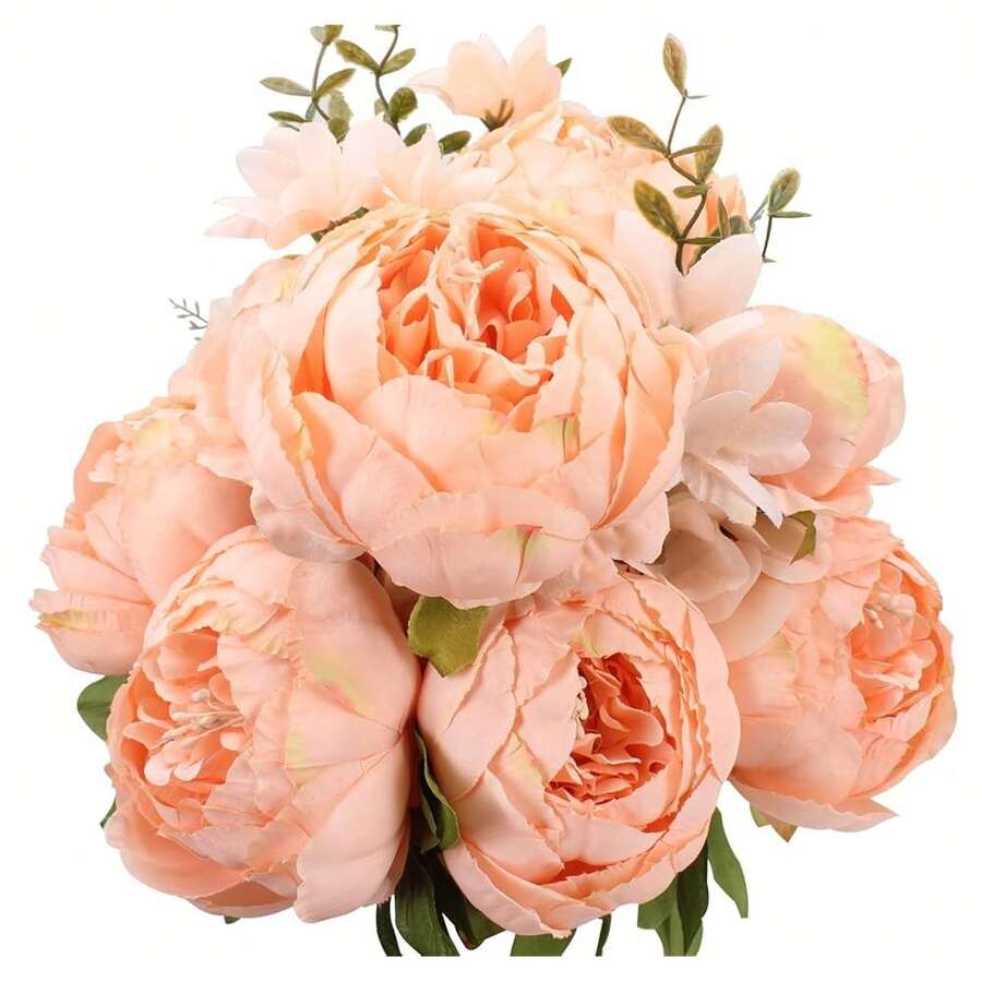 Duovlo Springs Flowers Artificial Silk Peony Bouquets Wedding Home Decoration,Pack Of 1 (Spring Orange-Pink),20.87*3.5,SpringOrange-Pink - 春季橙粉紅色 - 查看 1