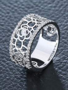 1枚时尚镂空花朵设计宽戒圈戒指，适合日常佩戴和派对场合 - JZ6255-銀色 - 查看 7