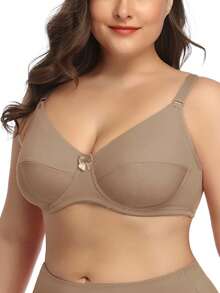 Parifairy 1入組加大尺碼女士純色彈性超薄鋼圈內衣，日常穿著 - 卡其色 - 查看 4