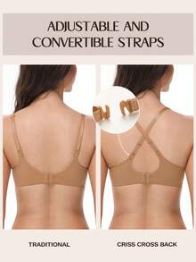 WINGSLOVE Este Sutiã Bege Profundo em V Sem Costura é Muito Popular: Acolchoamento Leve, Alças Ajustáveis Cruzadas e Tecido Liso - Combina Ajuste Invisível e Efeitos de Modelagem. Design Versátil, Combina Perfeitamente com Tops/Vestidos em V e Uso Diário, Tornando-o uma Escolha Ideal para Quem Busca Lingerie Confortável e da Moda! - Castanho - Visão 2