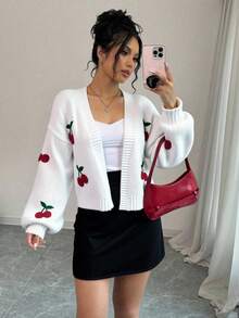 Cárdigan tipo duster de hombros caídos con estampado de cerezas, blusa de manga larga - Blanco - Ver 1