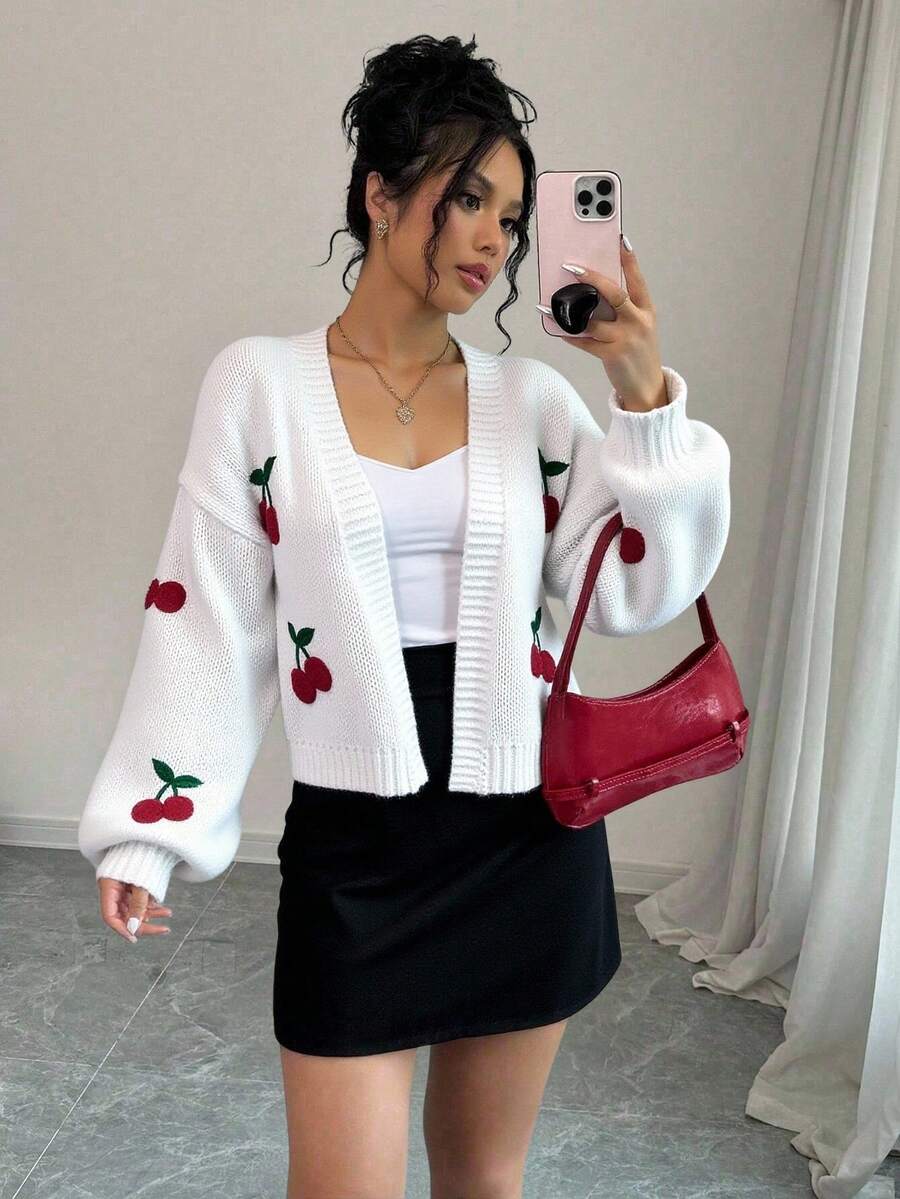 Cárdigan tipo duster de hombros caídos con estampado de cerezas, blusa de manga larga - Blanco - Ver 1