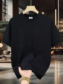 Camiseta de Algodón 100% para Hombre - Manga Corta, Cuello Redondo, Estampado Digital, Cómoda para Todas las Estaciones, Lavable a Máquina, Ideal para Salidas Diarias, Cuello Redondo, Diseño Circular, Camiseta Casual de Verano T-shirt Black and white star emblem featuring a fierce detailed cat face with dripping ink accents on teal background. - Negro - Ver 1
