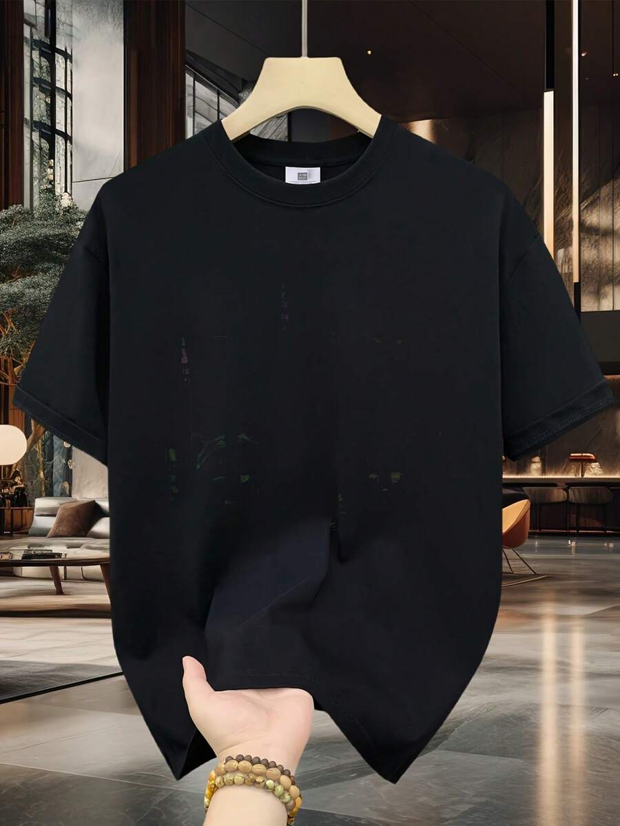 Camiseta de Algodón 100% para Hombre - Manga Corta, Cuello Redondo, Estampado Digital, Cómoda para Todas las Estaciones, Lavable a Máquina, Ideal para Salidas Diarias, Cuello Redondo, Diseño Circular, Camiseta Casual de Verano T-shirt Black and white star emblem featuring a fierce detailed cat face with dripping ink accents on teal background. - Negro - Ver 1