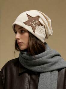 1顶Y2K复古风针织帽，适合女性和青少年女孩，复古街头风，饰有3D星星贴片和刺绣字母，宽松弹力均码，适合秋冬季休闲、户外和街头穿搭。 - A - 查看 2